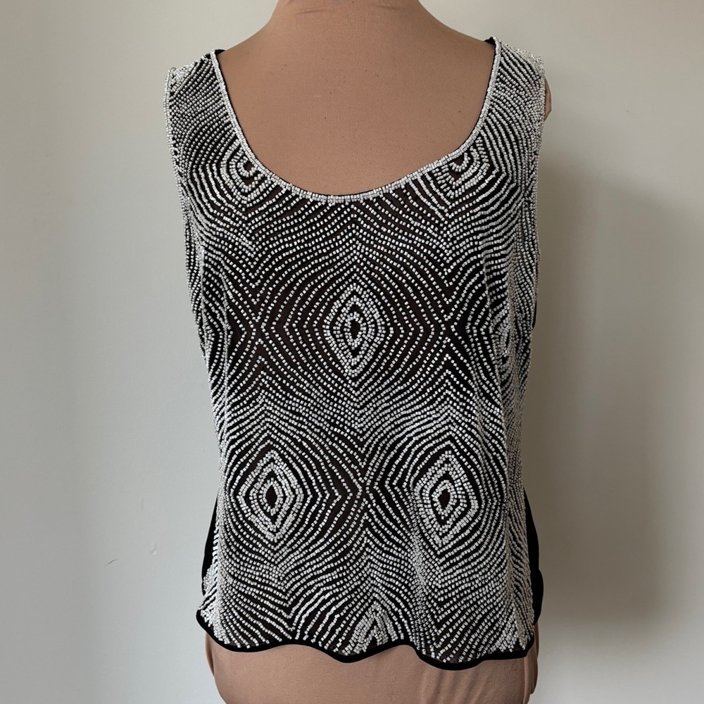 Escada Black White Sheer Front Beaded Bedazzled Sleeveless U Neck Tank Top EUC M